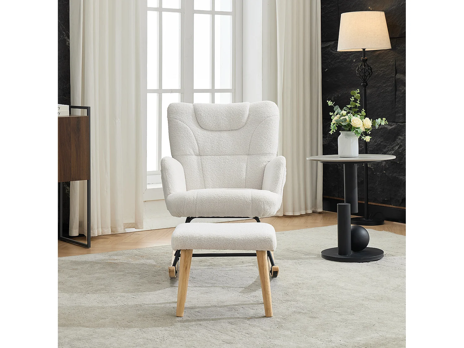 Rocking chair rembourré ergonomique avec repose-pieds + dossier haut - 62 x 82 x 87 cm - velours - blanc