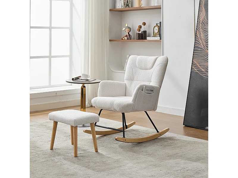 Rocking chair rembourré ergonomique avec repose-pieds + dossier haut - 62 x 82 x 87 cm - velours - blanc
