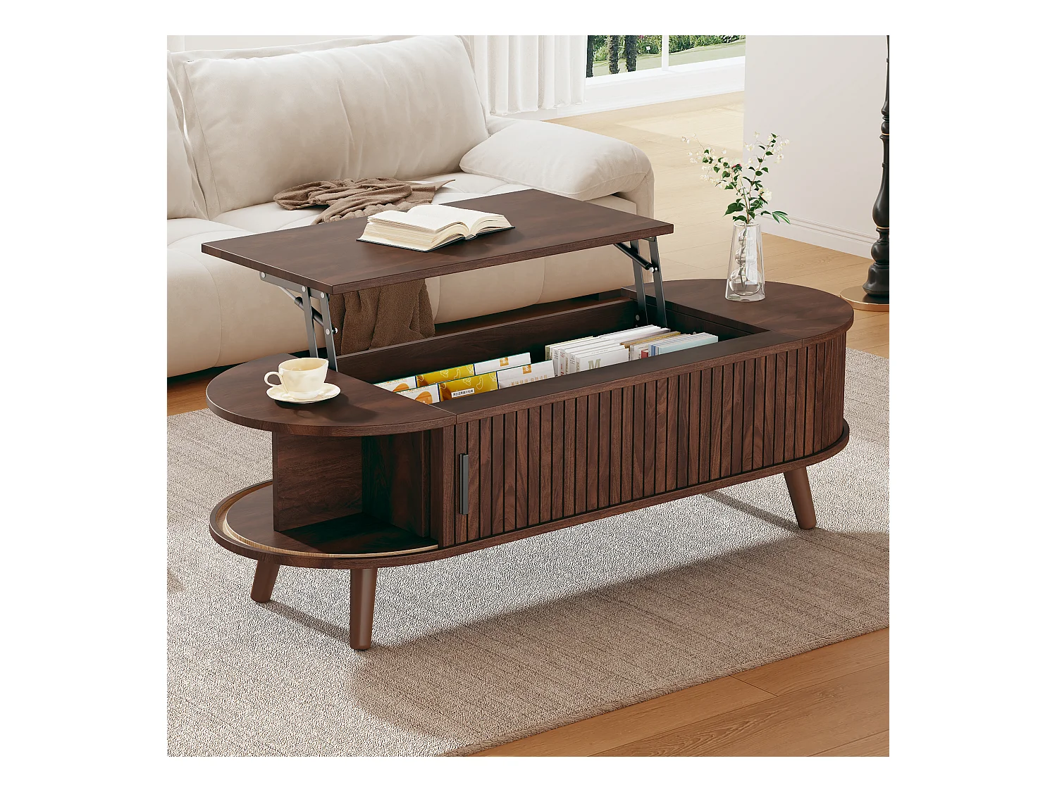 Table basse relevable - 120 x 50 x 39.5 cm - avec rangement dissimulé + 5 étagères - MDF - marron