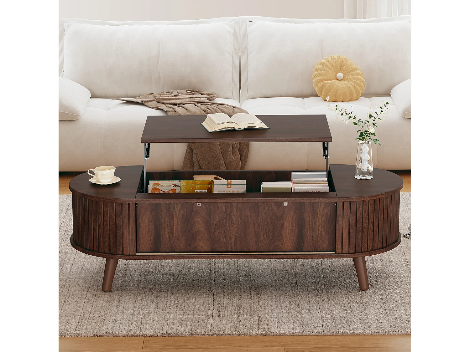 Hochklappbarer Couchtisch – 120 x 50 x 39,5 cm – mit verstecktem Stauraum + 5 Regalen – MDF – braun