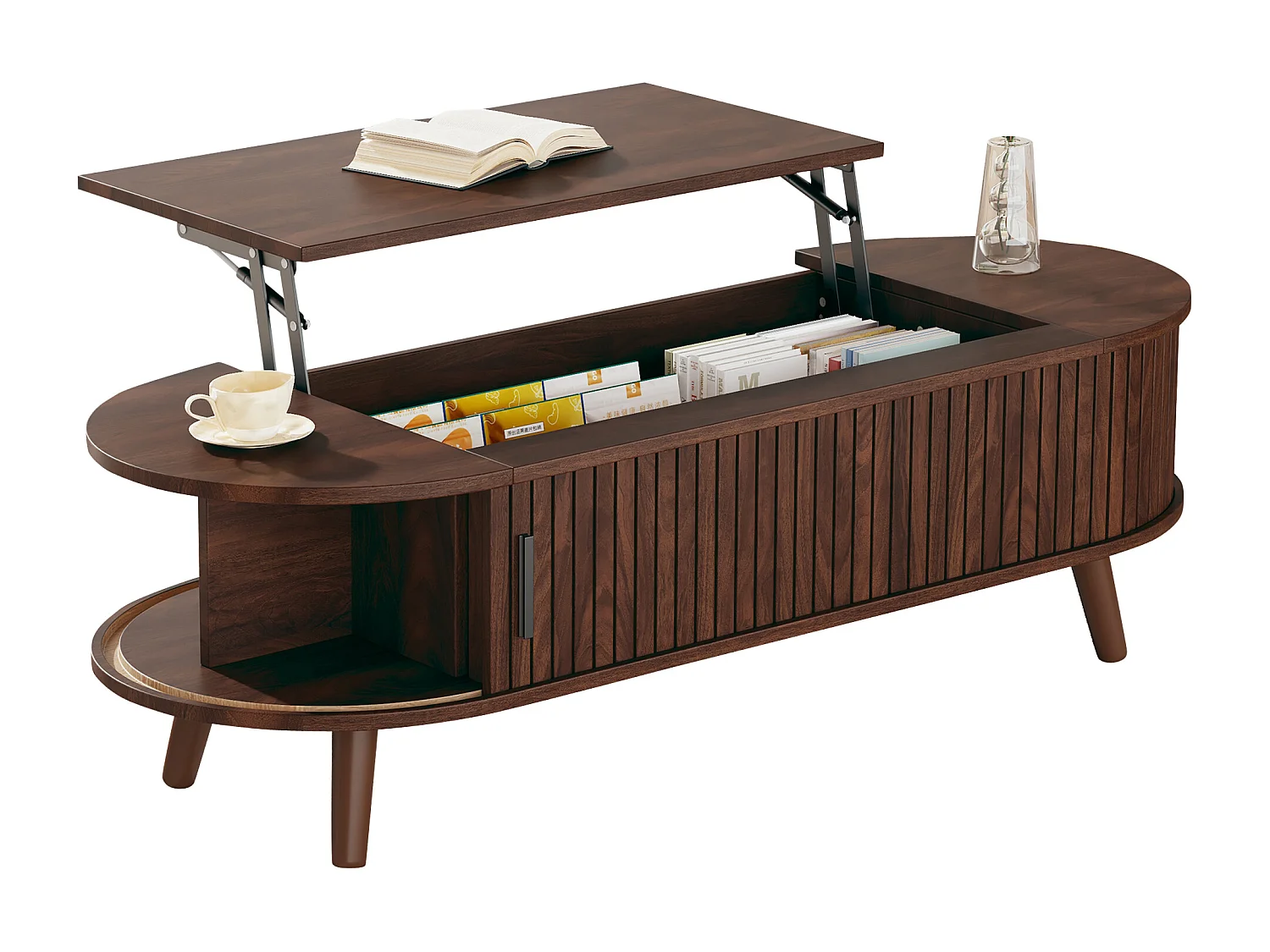 Hochklappbarer Couchtisch – 120 x 50 x 39,5 cm – mit verstecktem Stauraum + 5 Regalen – MDF – braun