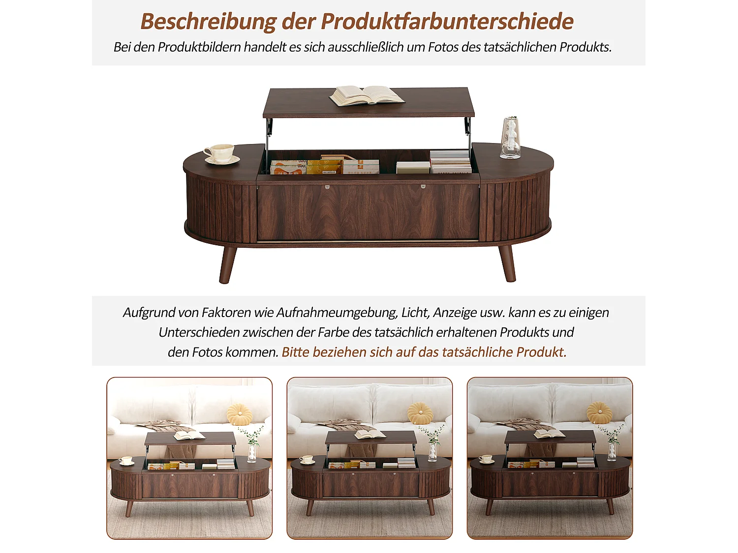 Hochklappbarer Couchtisch – 120 x 50 x 39,5 cm – mit verstecktem Stauraum + 5 Regalen – MDF – braun