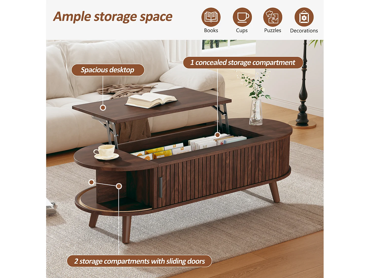 Hochklappbarer Couchtisch – 120 x 50 x 39,5 cm – mit verstecktem Stauraum + 5 Regalen – MDF – braun