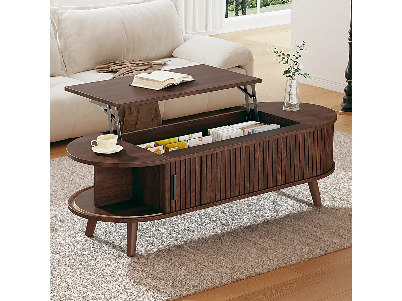 Hochklappbarer Couchtisch – 120 x 50 x 39,5 cm – mit verstecktem Stauraum + 5 Regalen – MDF – braun