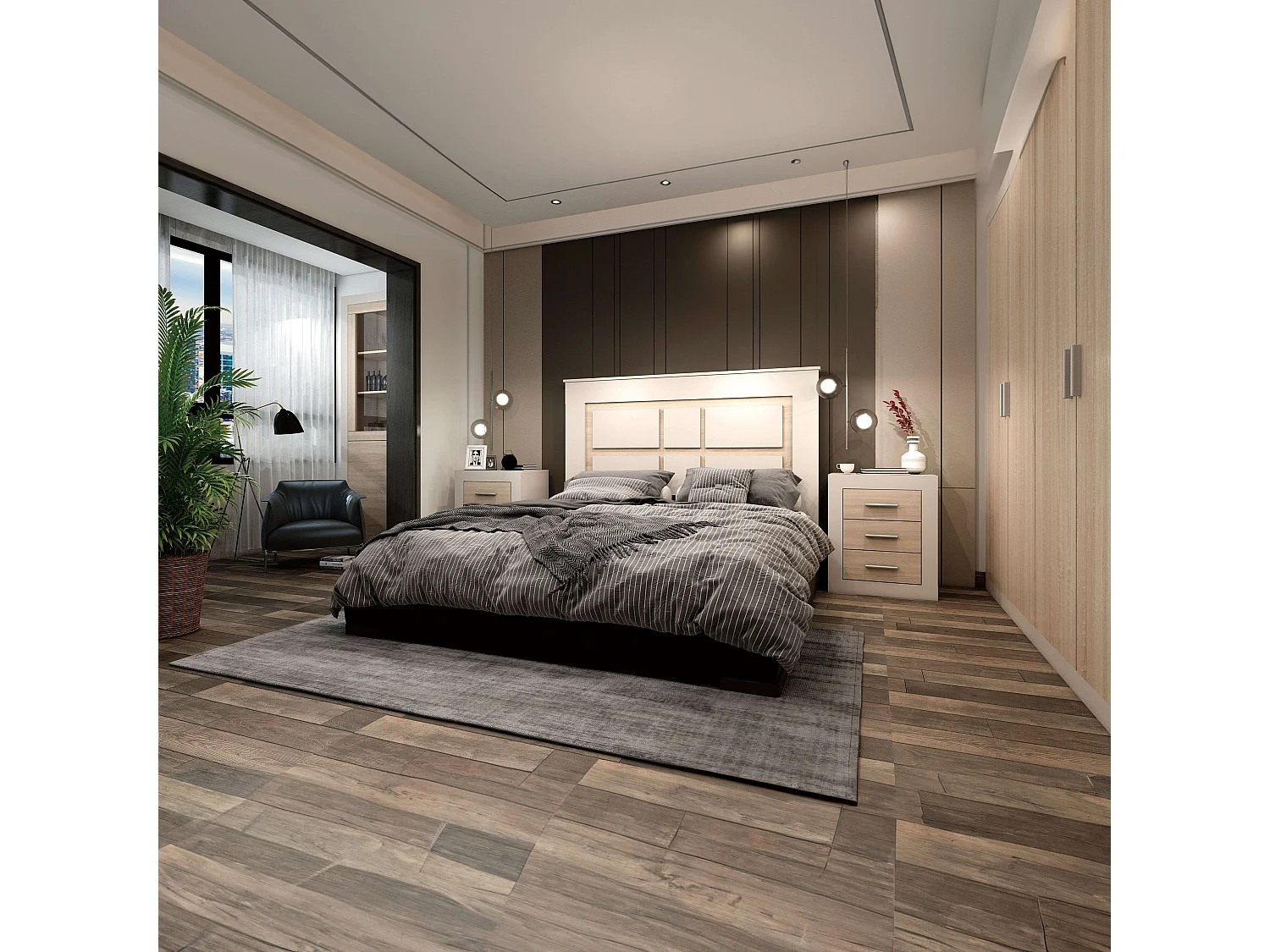 Pack Dormitorio Sara Nórdico Roble Sonoma Kashmir Cabecero 2 Mesitas