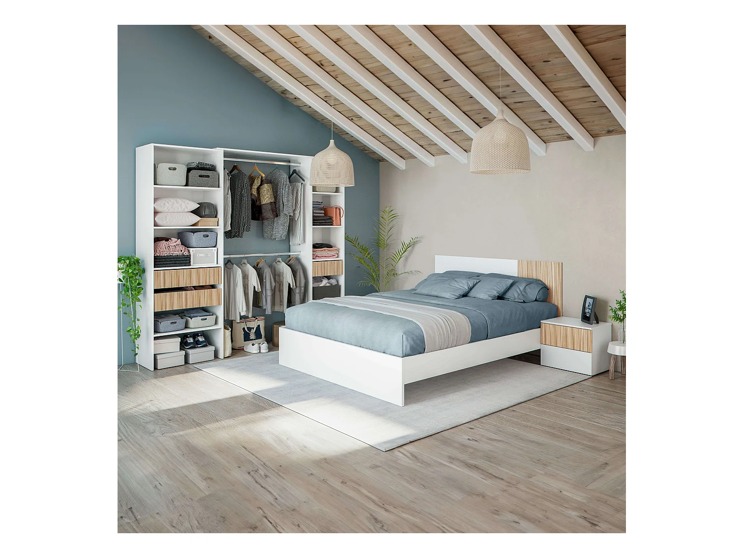 Pack Dormitorio Ethna Cama, Cabecero, Mesitas y Vestidor Blanco/Natur