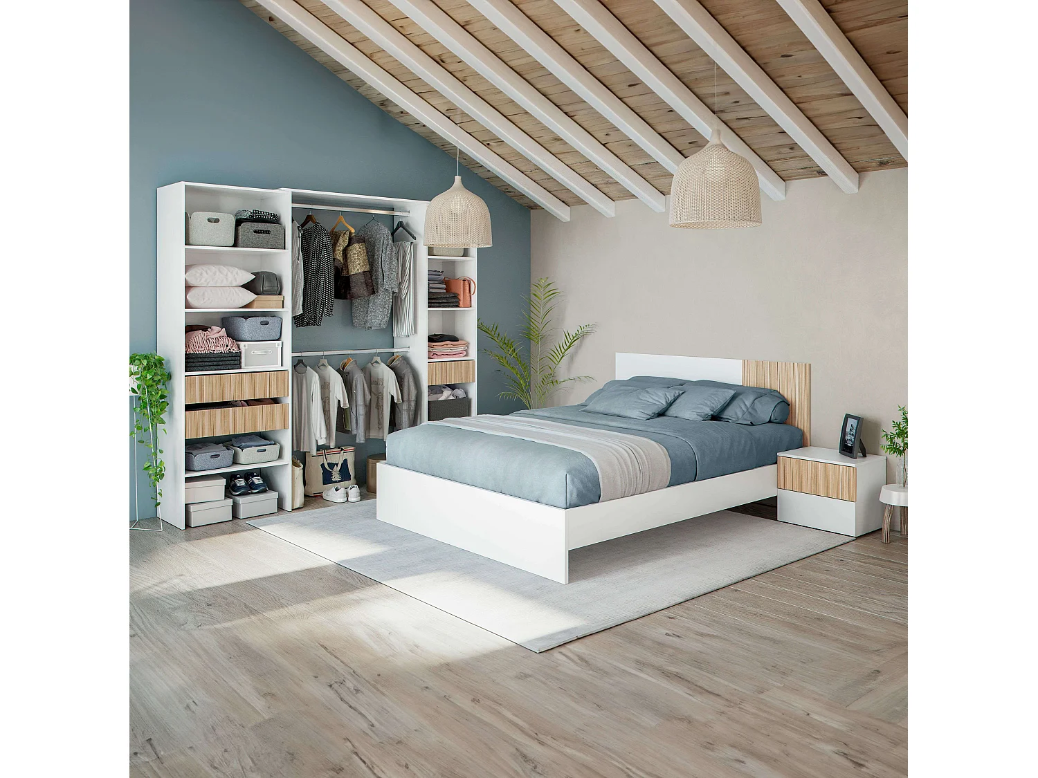 Pack Dormitorio Ethna Cama, Cabecero, Mesitas y Vestidor Blanco/Natur