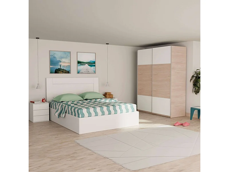 Pack Dormitorio Nórdico Blanco/Roble Aurora: Armario, Cabecero, 2 Mesitas
