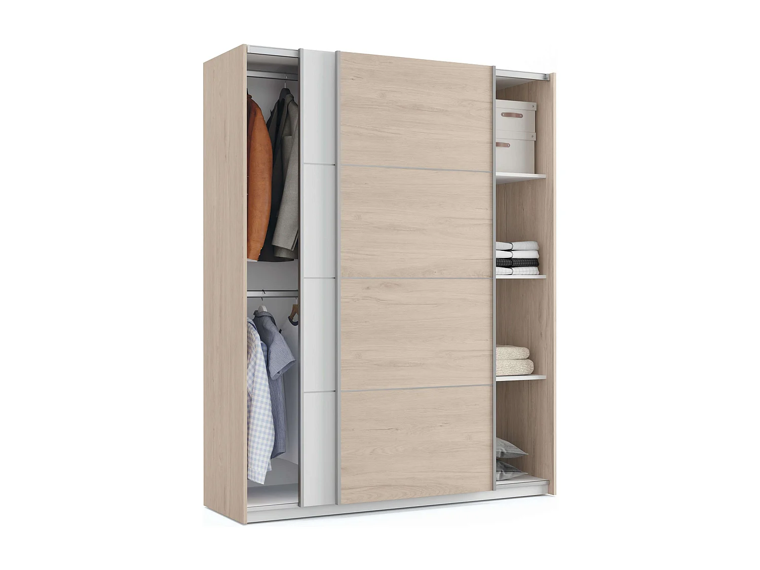 Pack Dormitorio Nórdico Blanco/Roble Aurora: Armario, Cabecero, 2 Mesitas