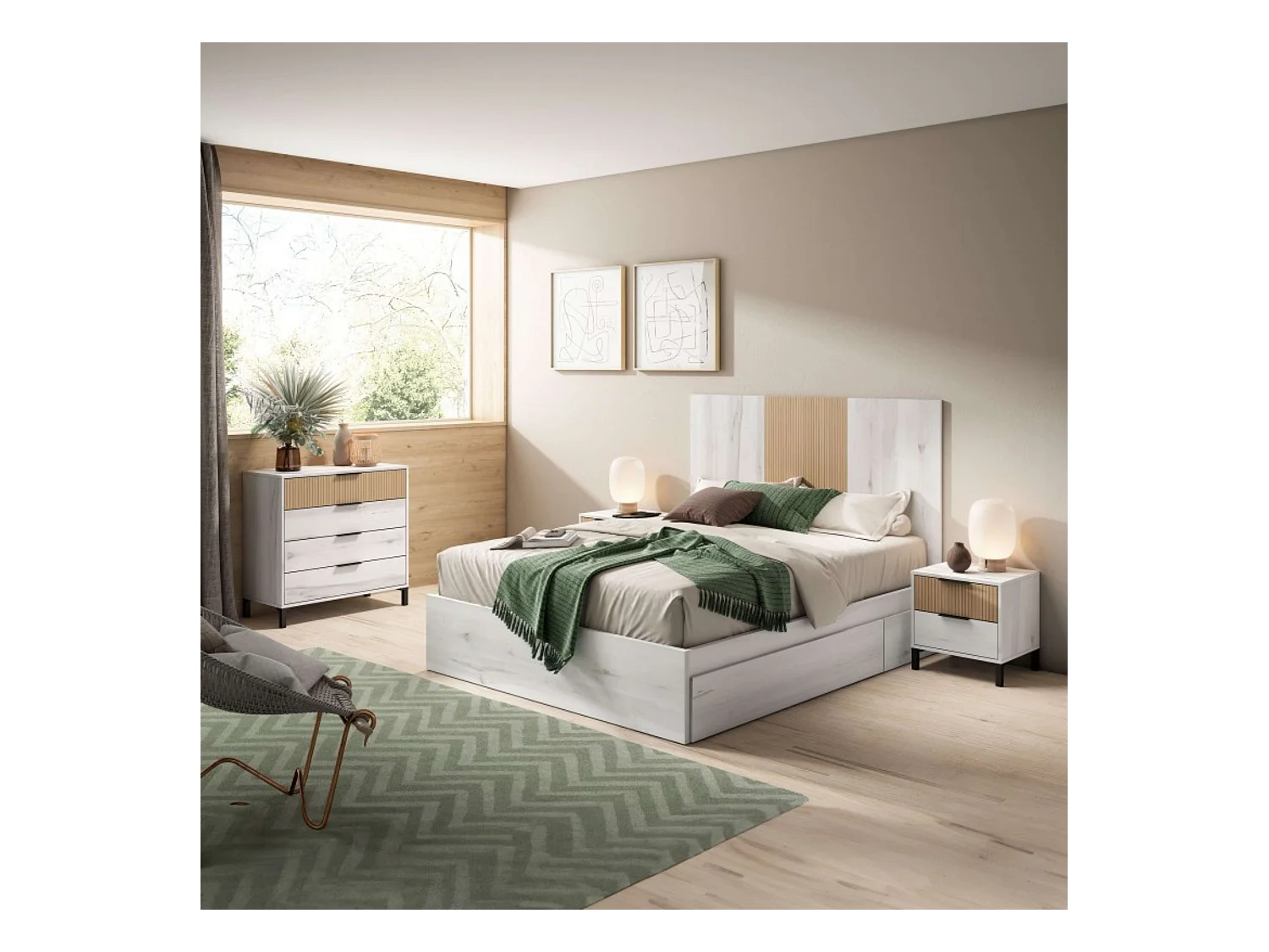 Pack Muebles Dormitorio Matrimonio Arles Nórdicos Blanco Albo y Roble