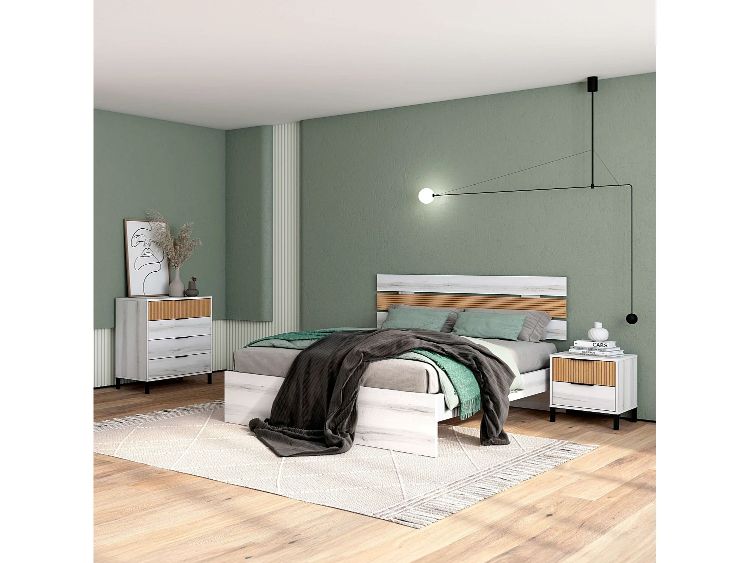Pack Muebles Dormitorio Matrimonio Arles Nórdicos Blanco Albo y Roble