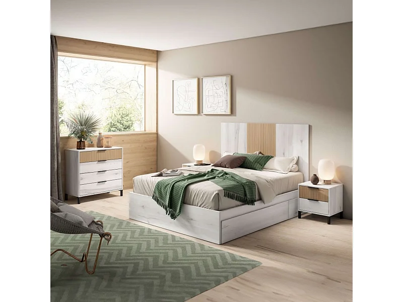 Pacote de móveis para quarto de casal Arles Nordic em albo branco e carvalho
