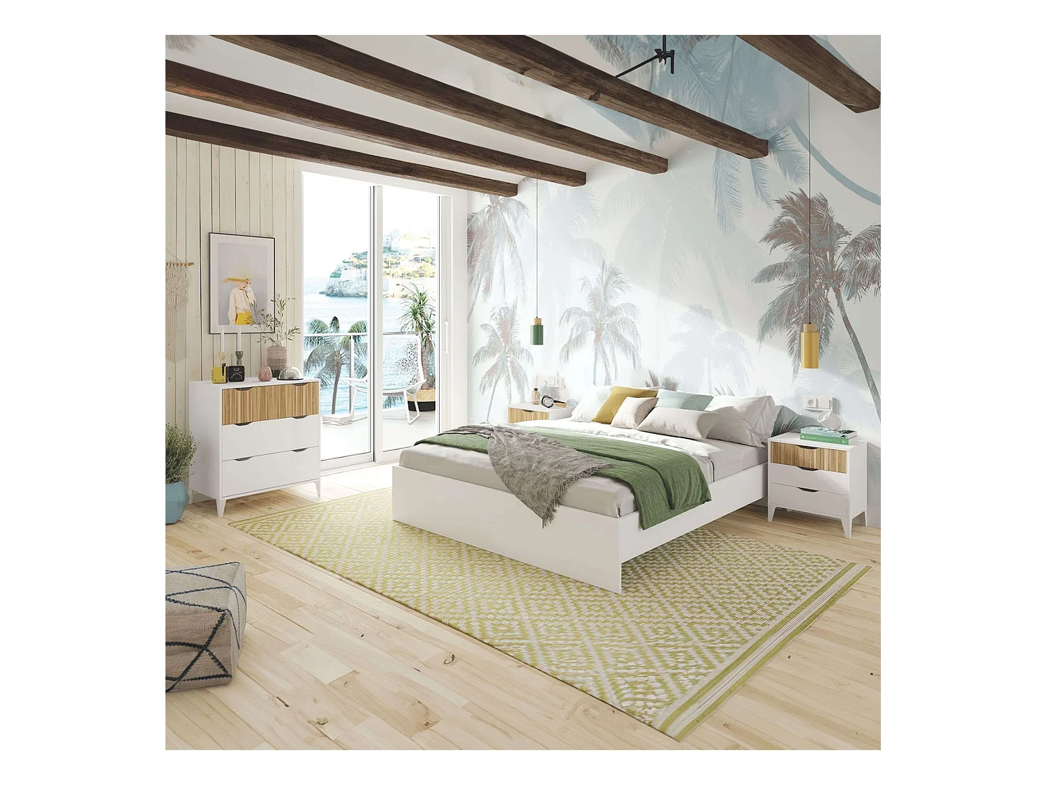 Pack Dormitorio Muebles Daylight Mesitas, Cómoda y Cama Queen Blanco