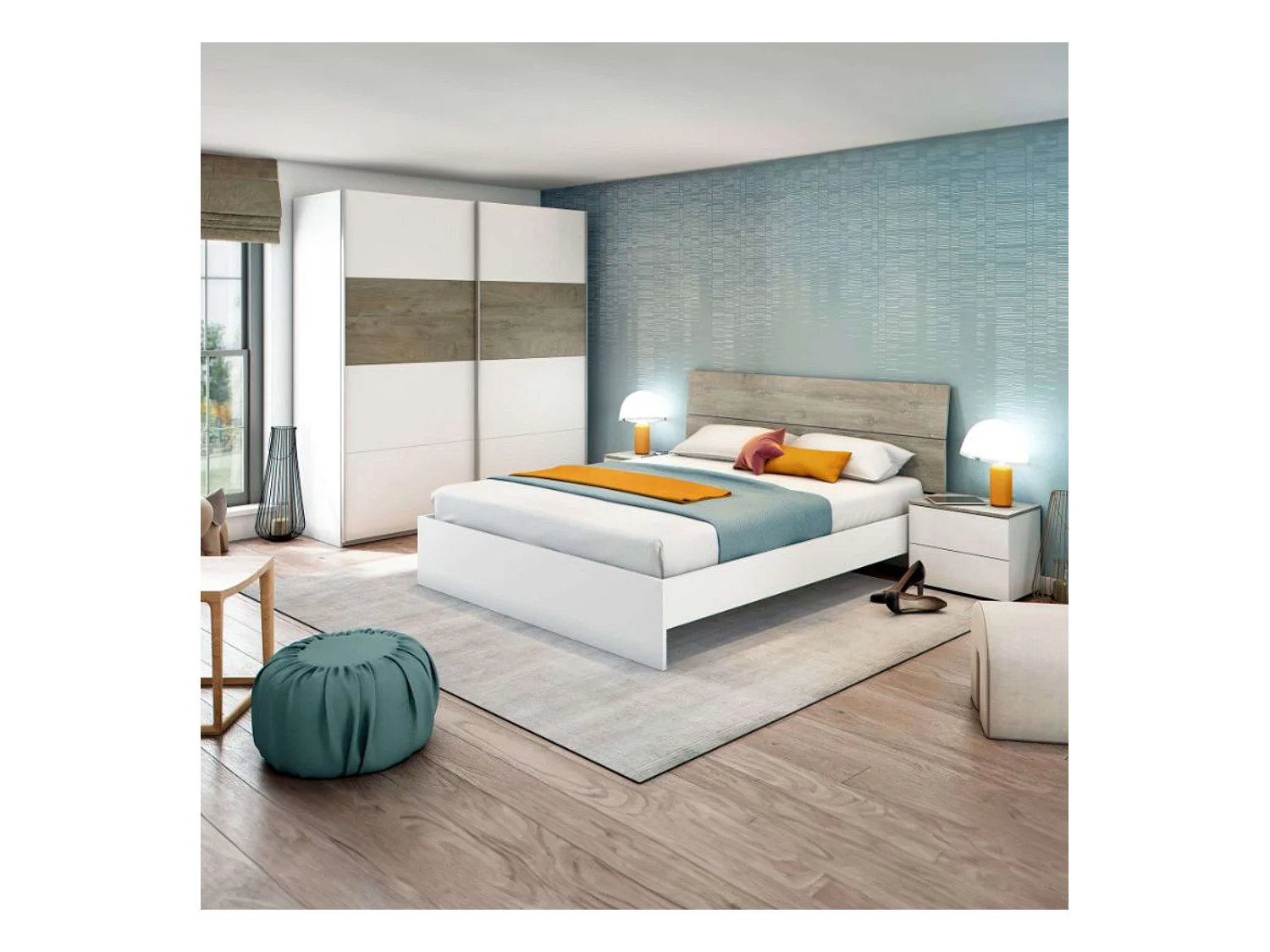 Muebles Dorm. Ethna Estilo Nórdico Blanco y Roble 160 cm