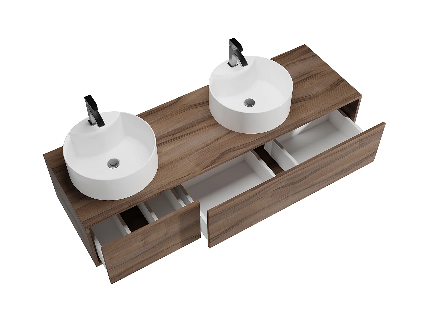 Meuble de salle de bain suspendu coloris naturel foncé avec double vasque à poser ronde- L150 cm - ISAURE II