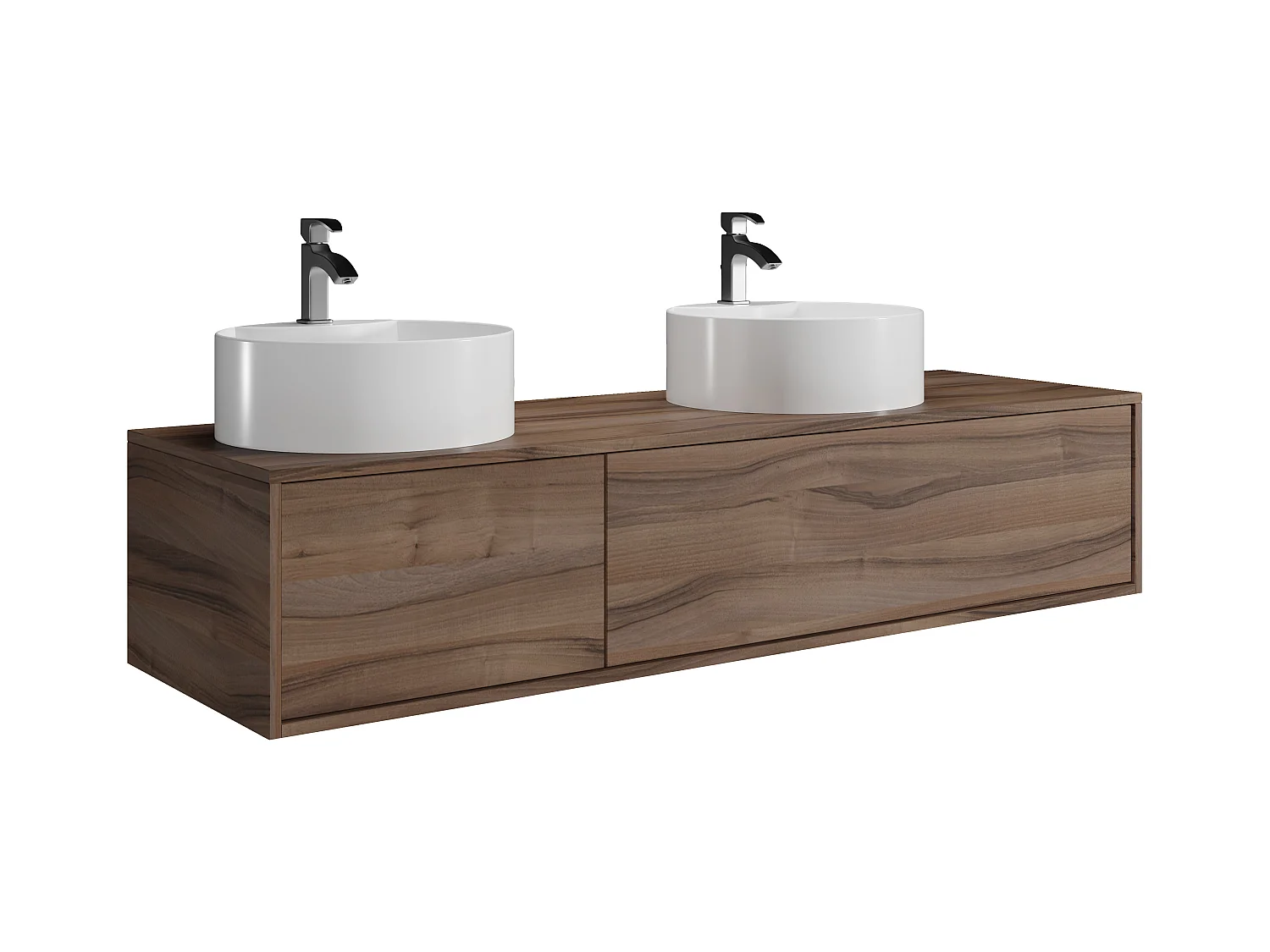 Meuble de salle de bain suspendu coloris naturel foncé avec double vasque à poser ronde- L150 cm - ISAURE II