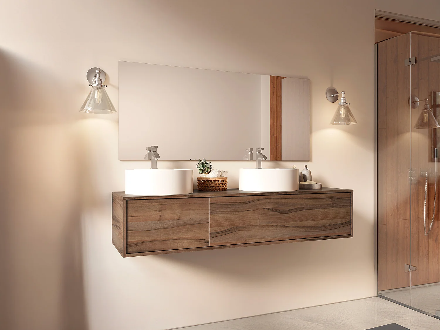 Meuble de salle de bain suspendu coloris naturel foncé avec double vasque à poser ronde- L150 cm - ISAURE II