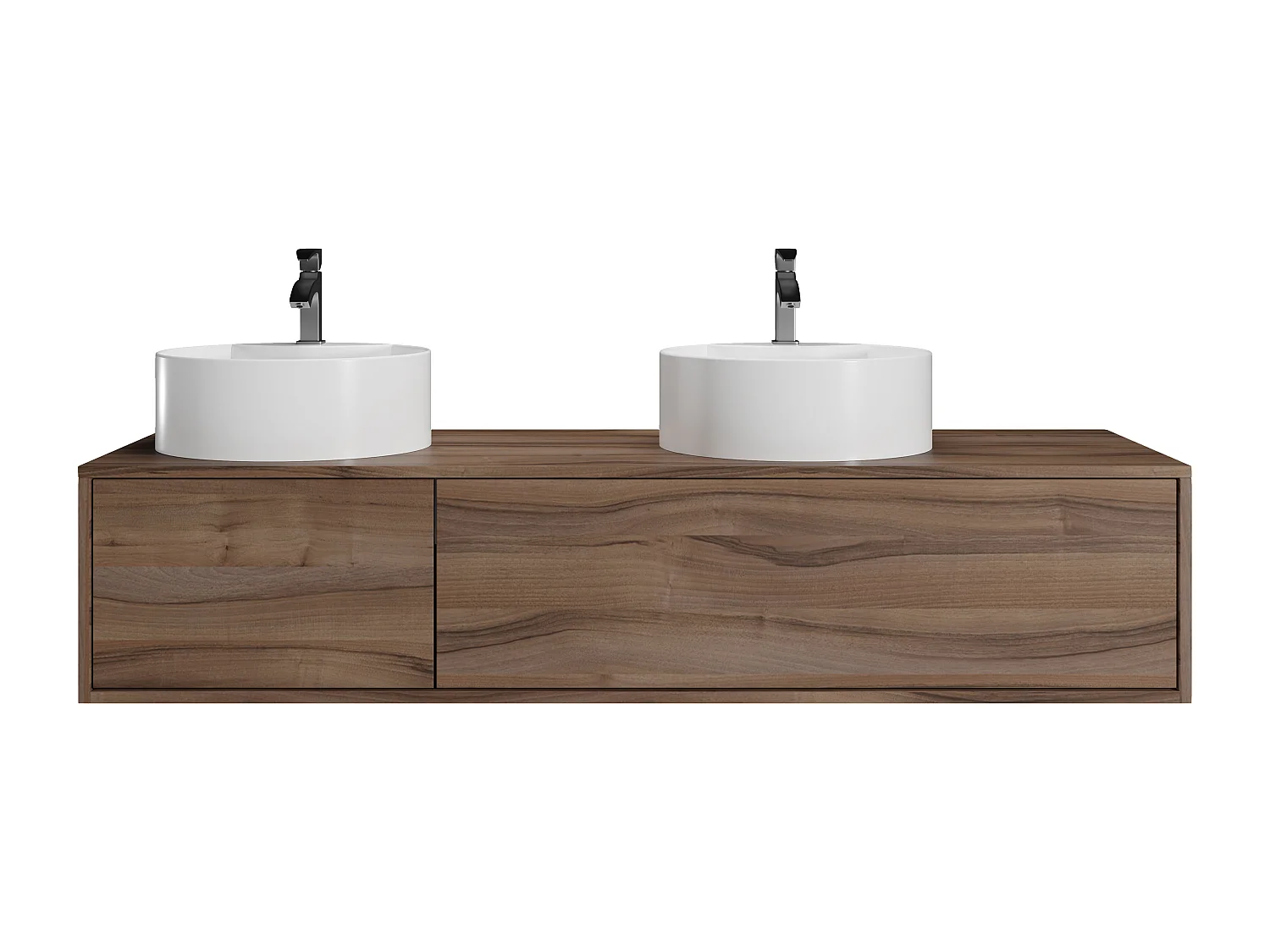 Veggmontert baderomsmøbel i mørk naturlig farge med dobbel rund servant - B150 cm - ISAURE II