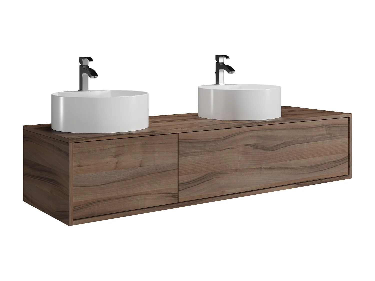 Veggmontert baderomsmøbel i mørk naturlig farge med dobbel rund servant - B150 cm - ISAURE II