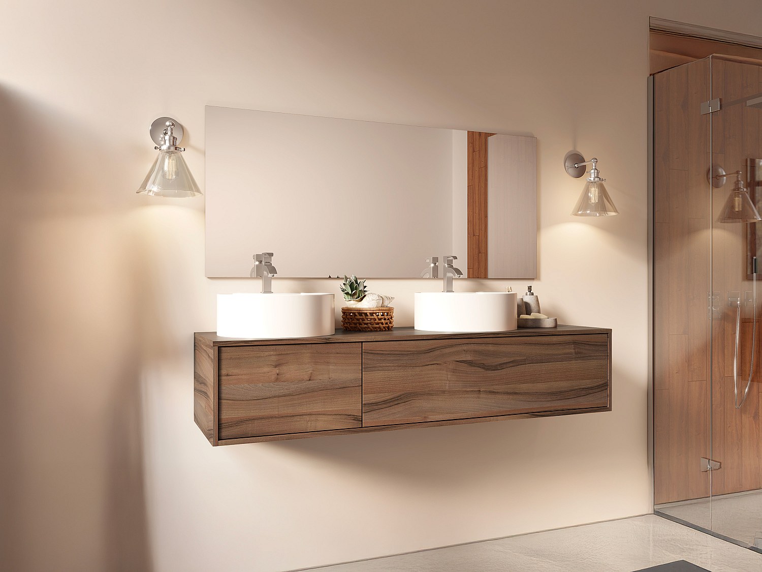 Waschbeckenunterschrank hängend  Natur Dunkel - Doppelwaschbecken rund - 15 günstig online kaufen