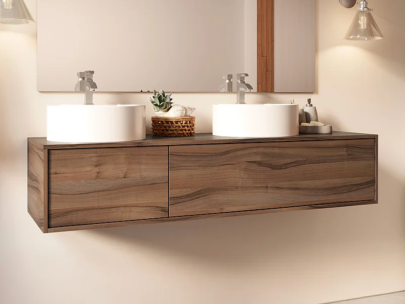 Meuble de salle de bain suspendu coloris naturel foncé avec double vasque à poser ronde- L150 cm - ISAURE II