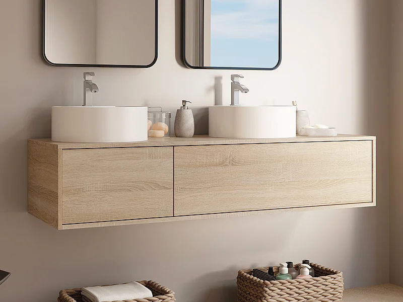 Mobile bagno sospeso color legno naturale chiaro con doppio lavabo rotondo - L150 cm - ISAURE II