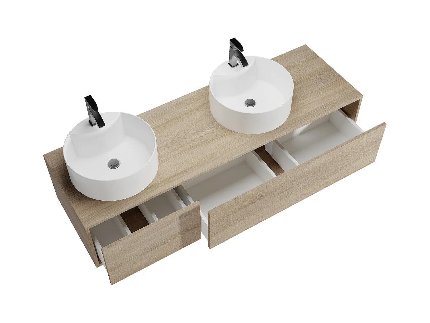 Meuble de salle de bain suspendu coloris naturel clair avec double vasque à poser ronde - L150 cm - ISAURE II