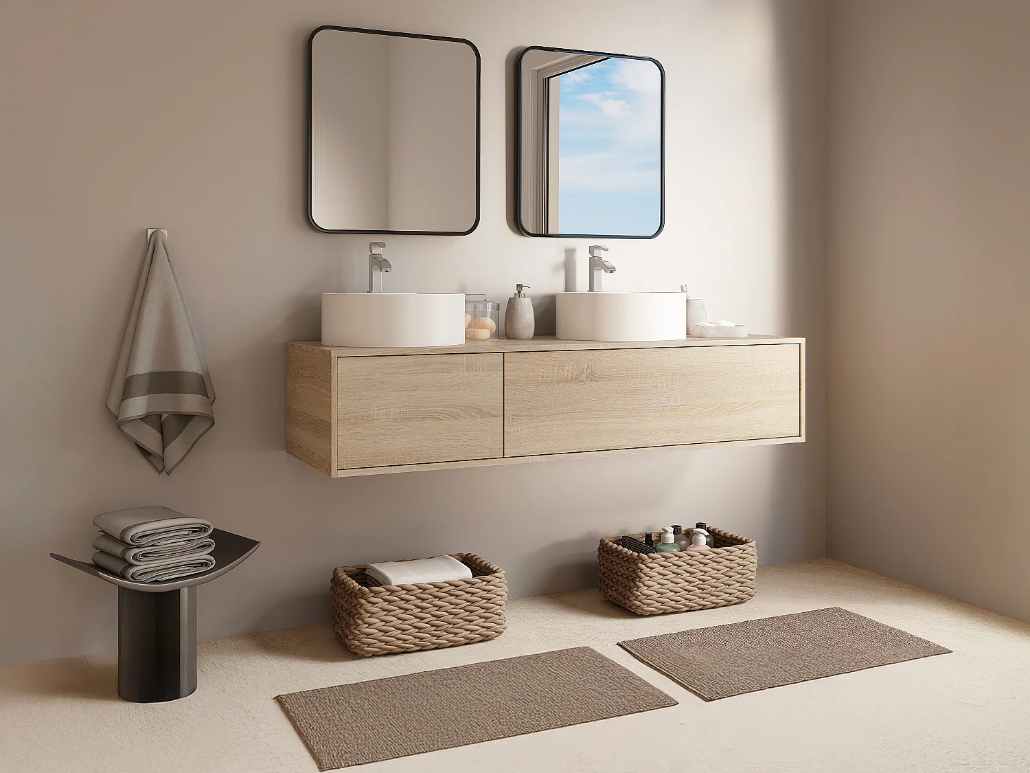 Meuble de salle de bain suspendu coloris naturel clair avec double vasque à poser ronde - L150 cm - ISAURE II