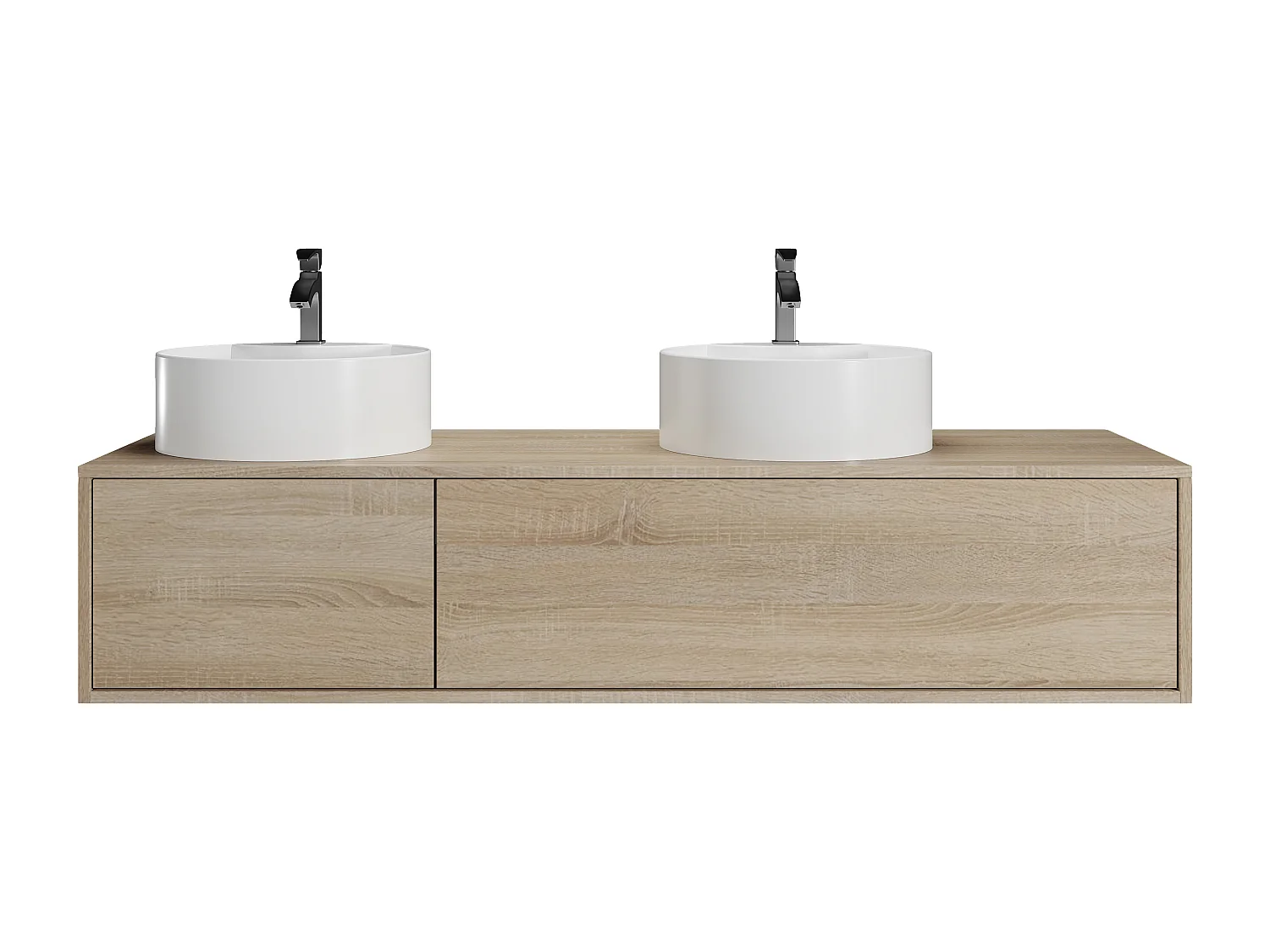 Vegghengt baderomsmøbel i lys naturlig farge med dobbel rund servant - L150 cm - ISAURE II