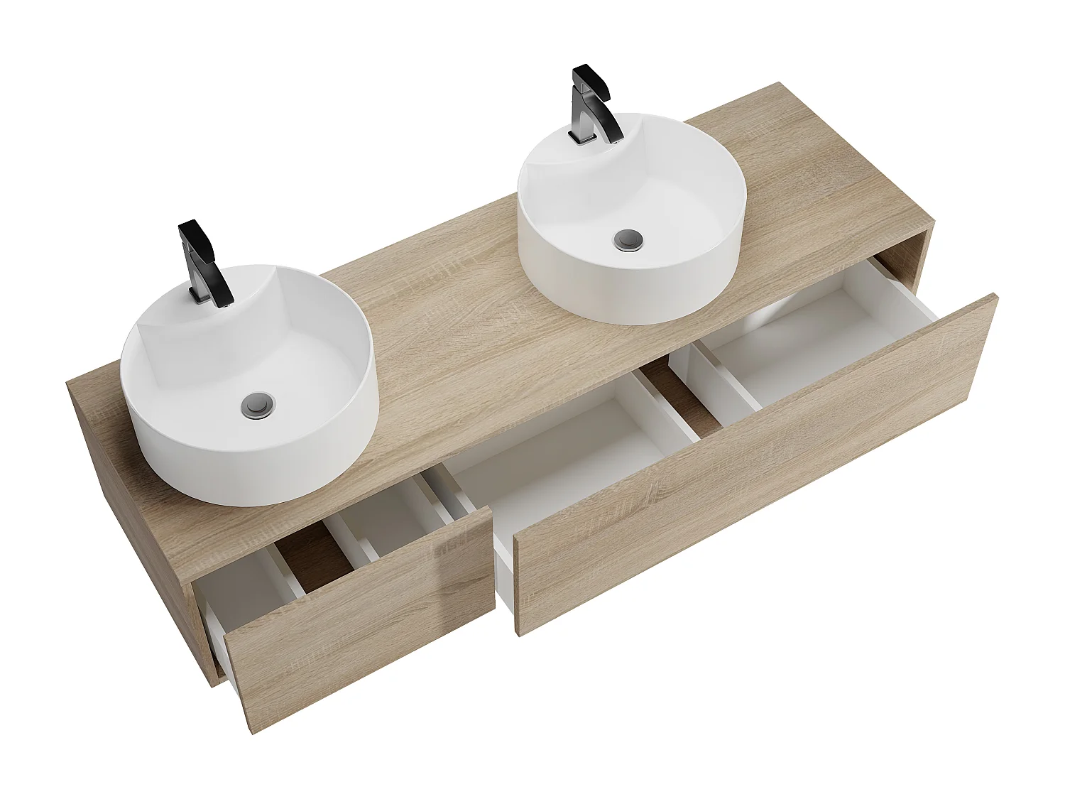 Vegghengt baderomsmøbel i lys naturlig farge med dobbel rund servant - L150 cm - ISAURE II