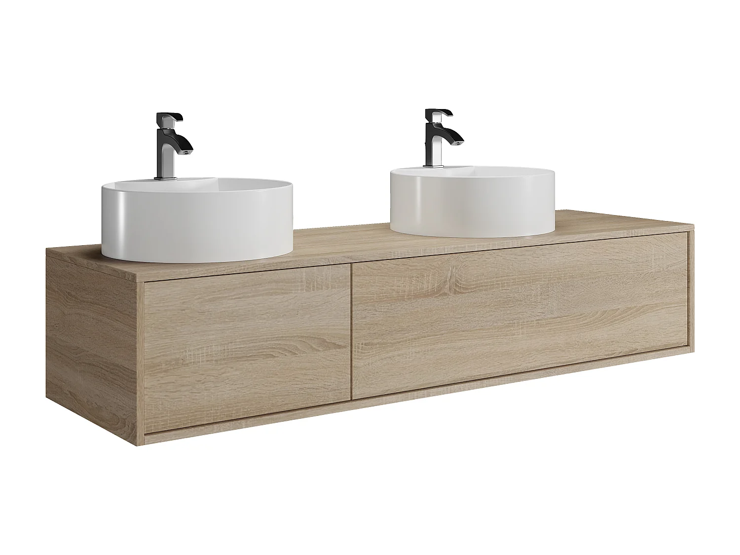 Vegghengt baderomsmøbel i lys naturlig farge med dobbel rund servant - L150 cm - ISAURE II