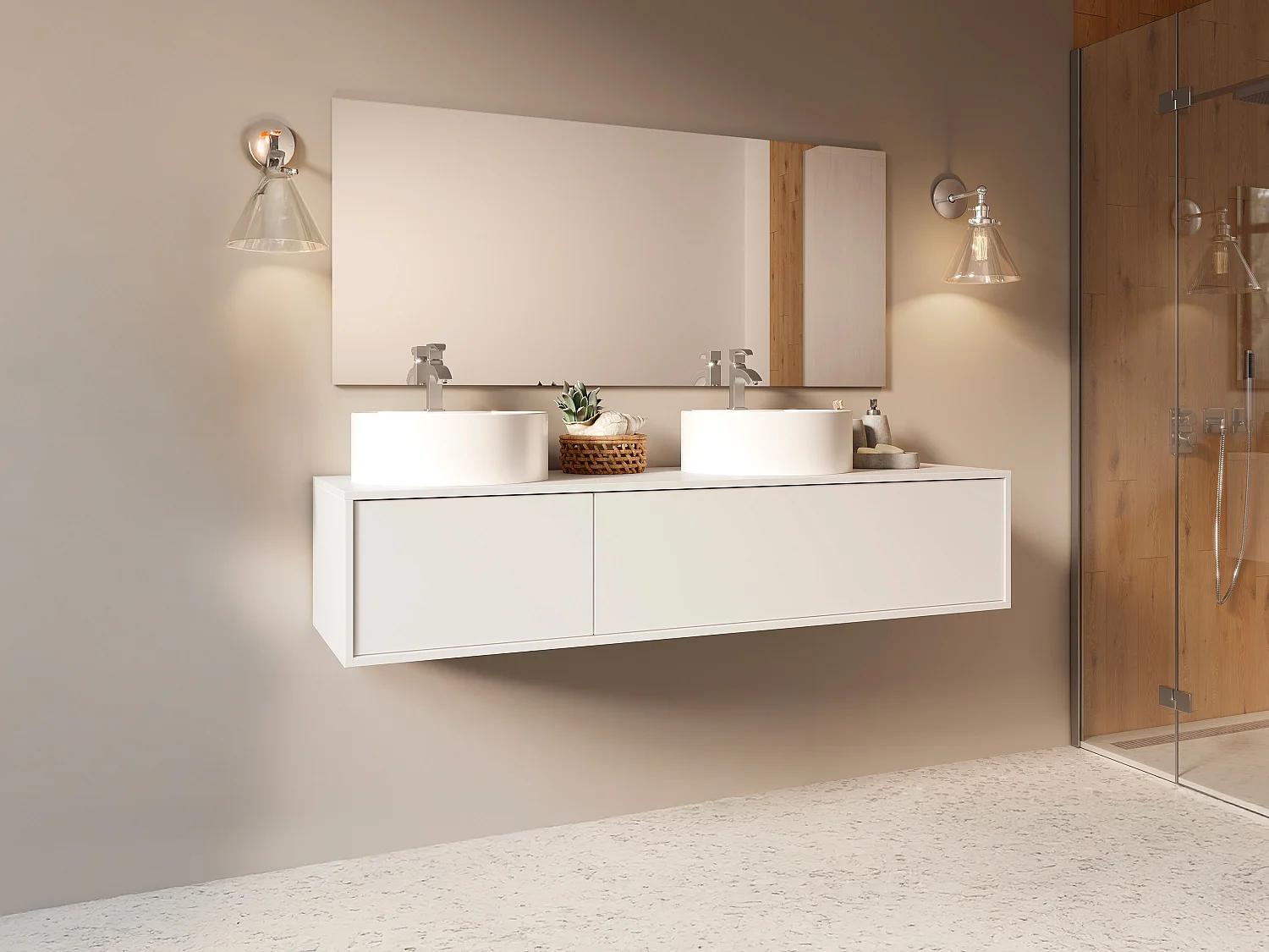 Meuble de salle de bain suspendu blanc avec double vasque à poser ronde - L150 cm - ISAURE II