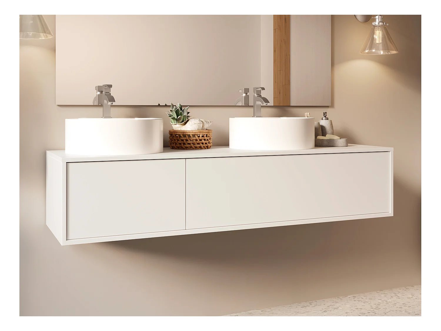 Meuble de salle de bain suspendu blanc avec double vasque à poser ronde - L150 cm - ISAURE II