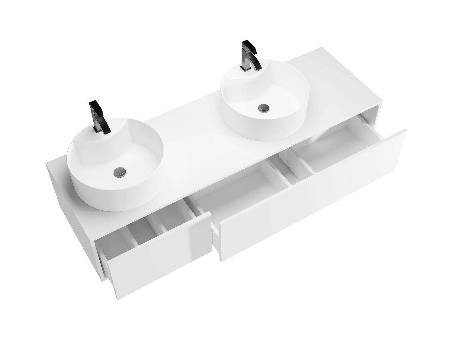 Vegghengt hvitt baderomsskap med doble runde servanter - B150 cm - ISAURE II