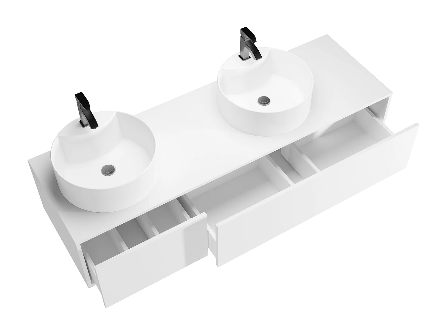 Vegghengt hvitt baderomsskap med doble runde servanter - B150 cm - ISAURE II