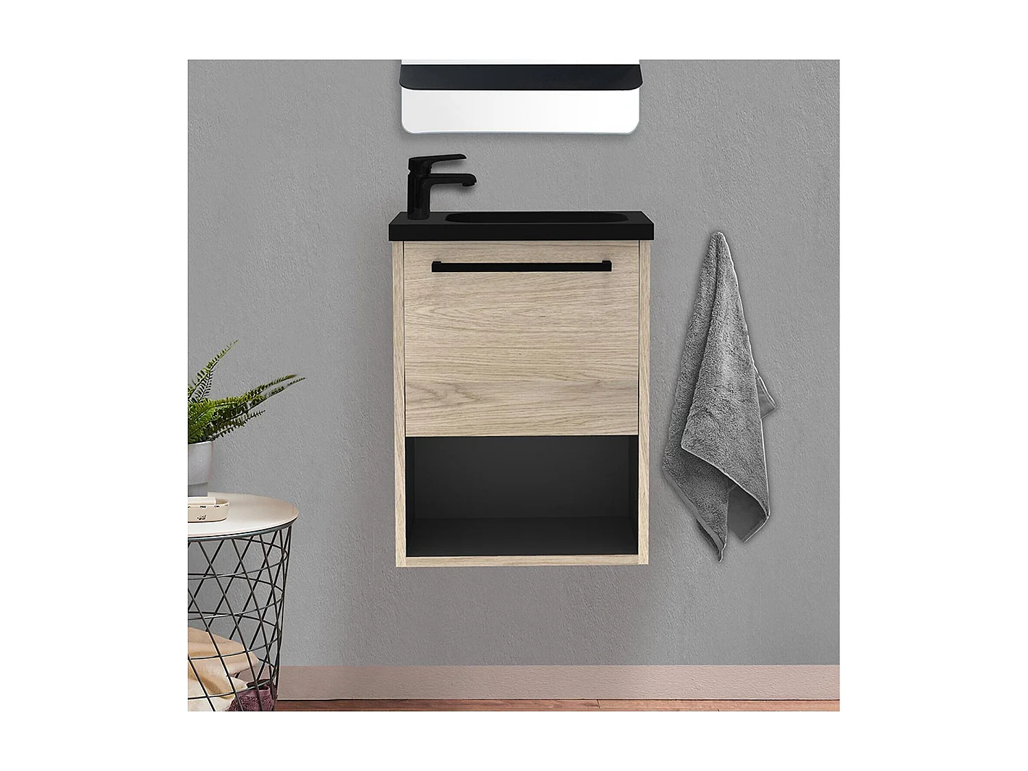 Hangend handwasmeubel NIKA 40x53x21 cm met omkeerbare hars wastafel, gemengde opbergruimte, eigentijds design