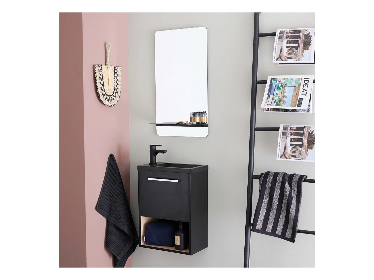 Ensemble meuble lave-mains NIKA + robinet GRIFO + Miroir SIMONA