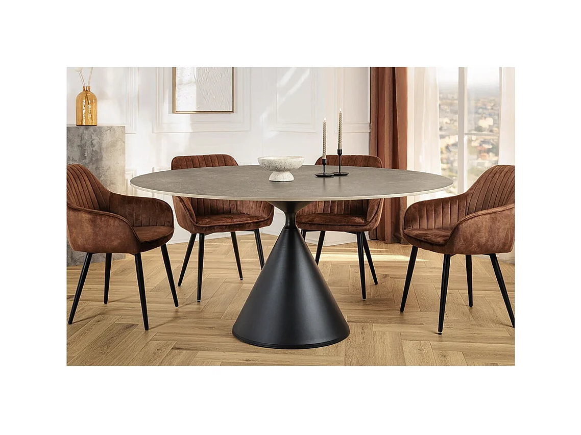 Table de salle à manger VOLTIS – Ronde diamètre 135 cm – Plateau céramique effet marbre gris – Pieds métal – Style chic
