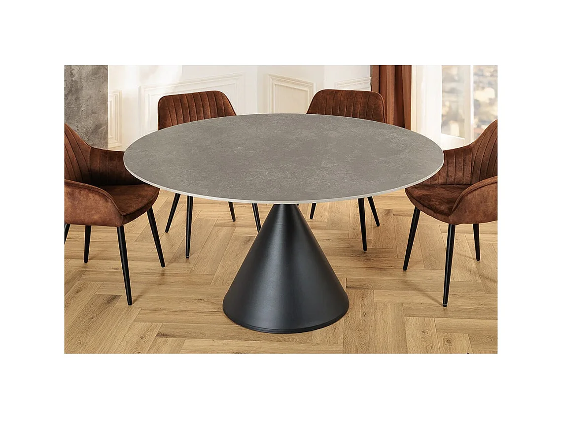 Table de salle à manger VOLTIS – Ronde diamètre 135 cm – Plateau céramique effet marbre gris – Pieds métal – Style chic