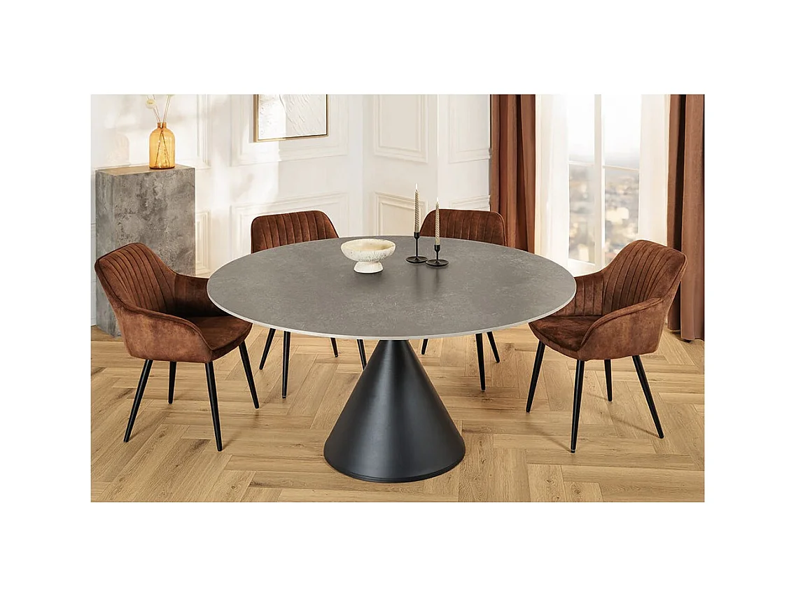 Table de salle à manger VOLTIS – Ronde diamètre 135 cm – Plateau céramique effet marbre gris – Pieds métal – Style chic