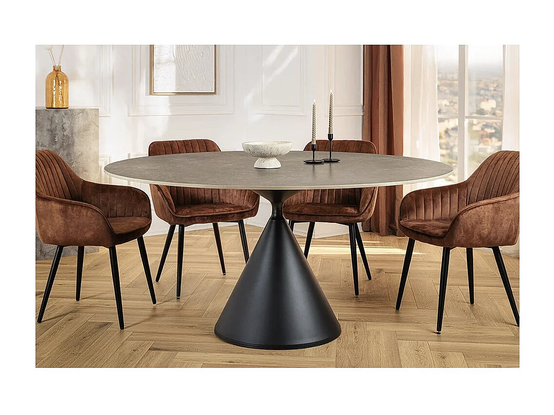 Table de salle à manger VOLTIS – Ronde diamètre 135 cm – Plateau céramique effet marbre gris – Pieds métal – Style chic