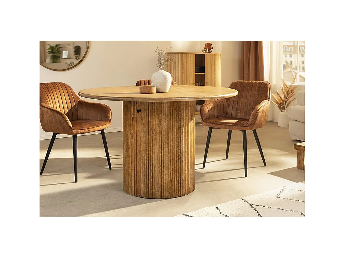 Table YONA – Ronde diamètre 120 cm – Bois massif de manguier verni – Avec rangements intégrés – Style rustique