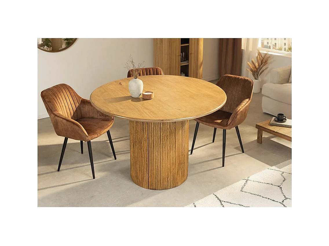 Table YONA – Ronde diamètre 120 cm – Bois massif de manguier verni – Avec rangements intégrés – Style rustique