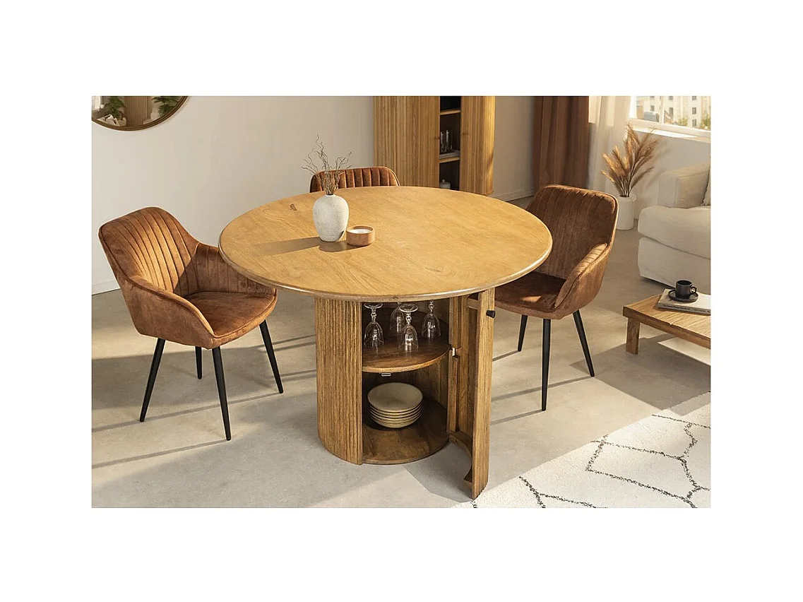 Table YONA – Ronde diamètre 120 cm – Bois massif de manguier verni – Avec rangements intégrés – Style rustique