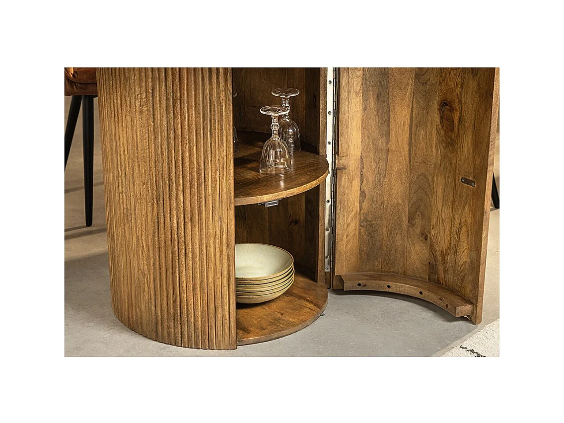 Table YONA – Ronde diamètre 120 cm – Bois massif de manguier verni – Avec rangements intégrés – Style rustique
