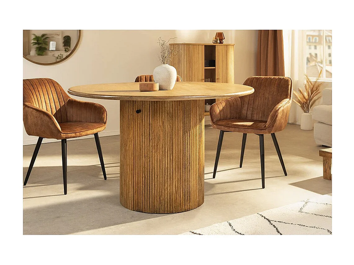 Table YONA – Ronde diamètre 120 cm – Bois massif de manguier verni – Avec rangements intégrés – Style rustique