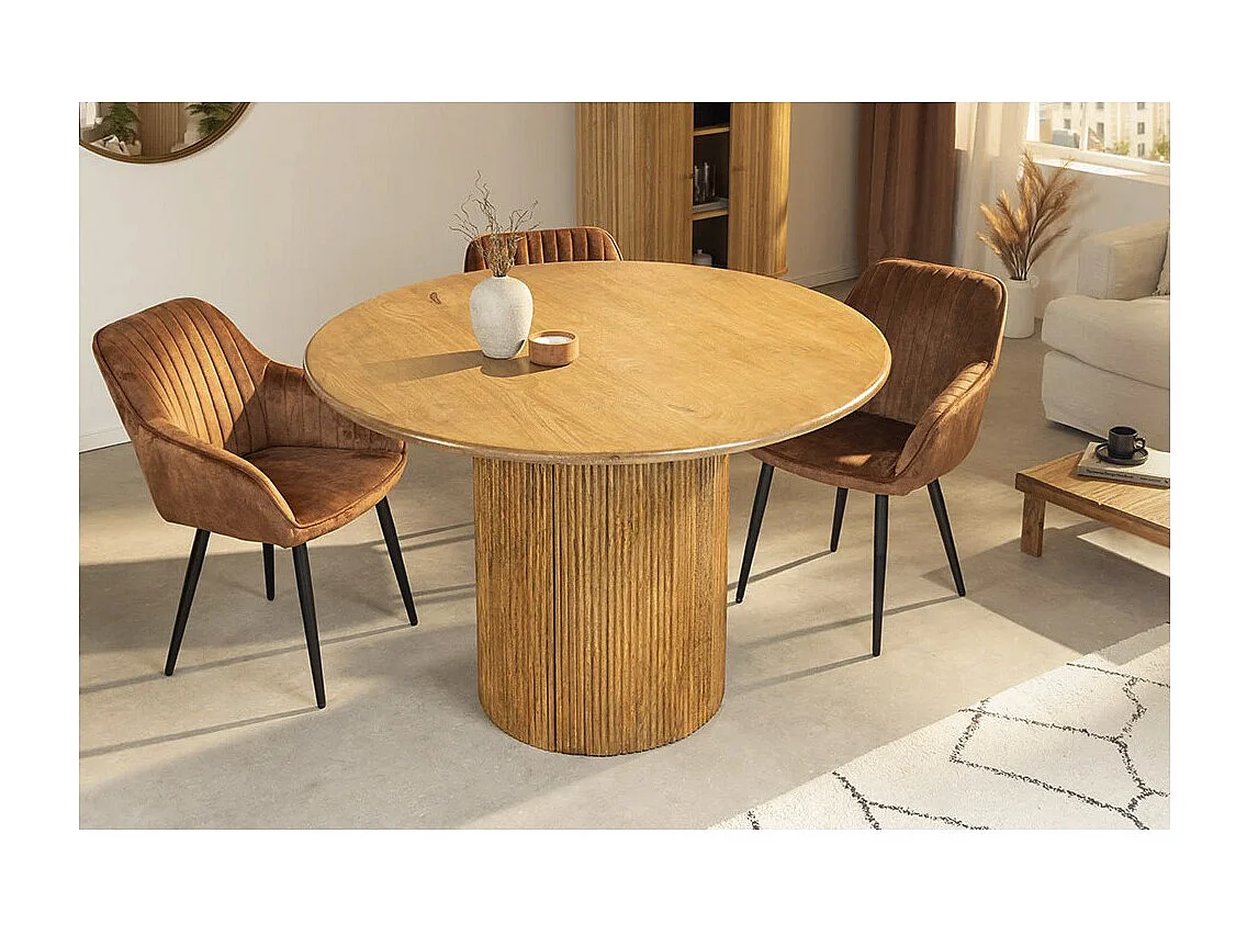 Table YONA – Ronde diamètre 120 cm – Bois massif de manguier verni – Avec rangements intégrés – Style rustique