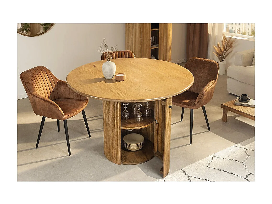Table YONA – Ronde diamètre 120 cm – Bois massif de manguier verni – Avec rangements intégrés – Style rustique