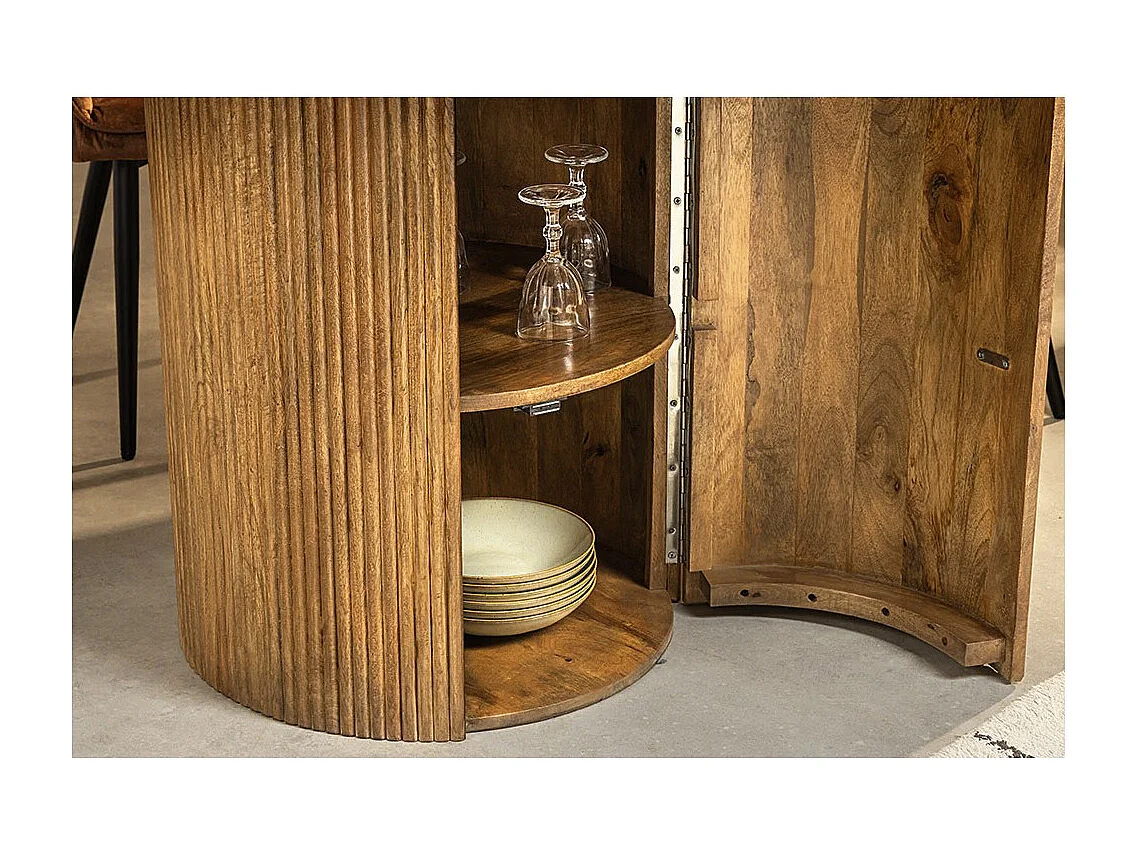 Table YONA – Ronde diamètre 120 cm – Bois massif de manguier verni – Avec rangements intégrés – Style rustique