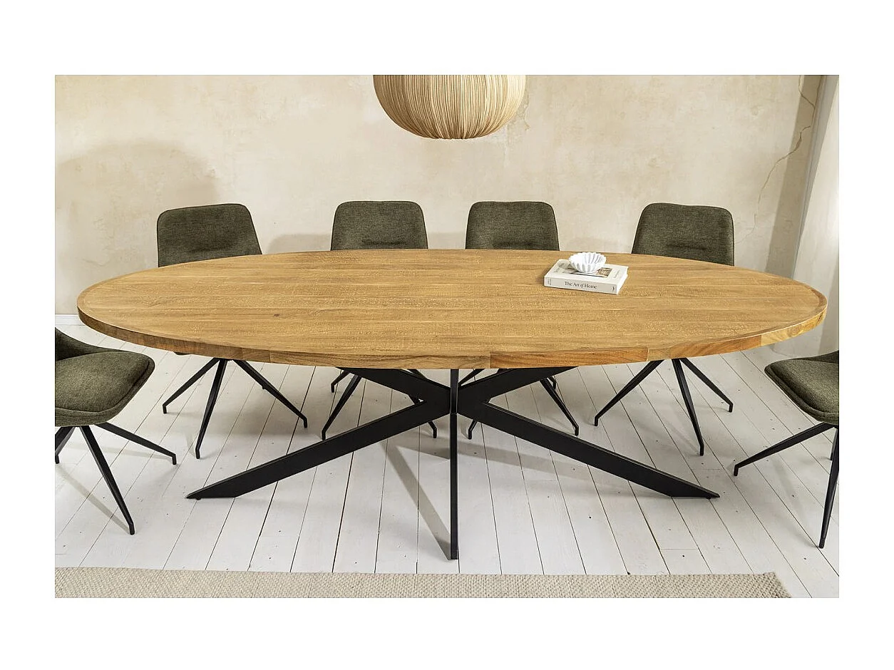 Table SOLARA – Ovalada 240 cm – Madera maciza de mango barnizada y patas de metal – Estilo industrial